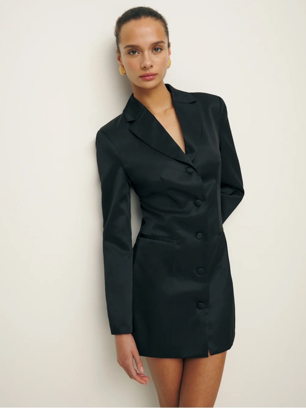 Reformation Black Tailored Satin Blazer Dress